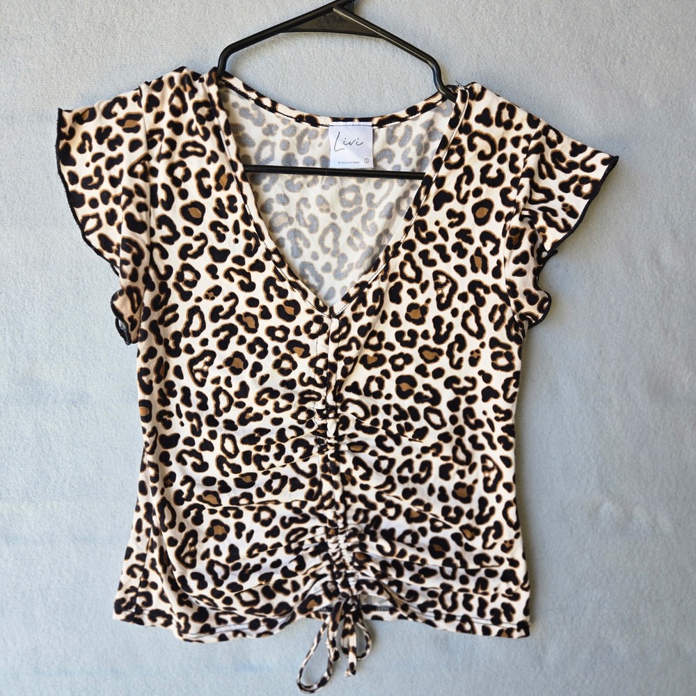 Livi by Olivia Rae Leopard Print V-Neck Flutter Sleeve Cinched Drawstring Top S‎